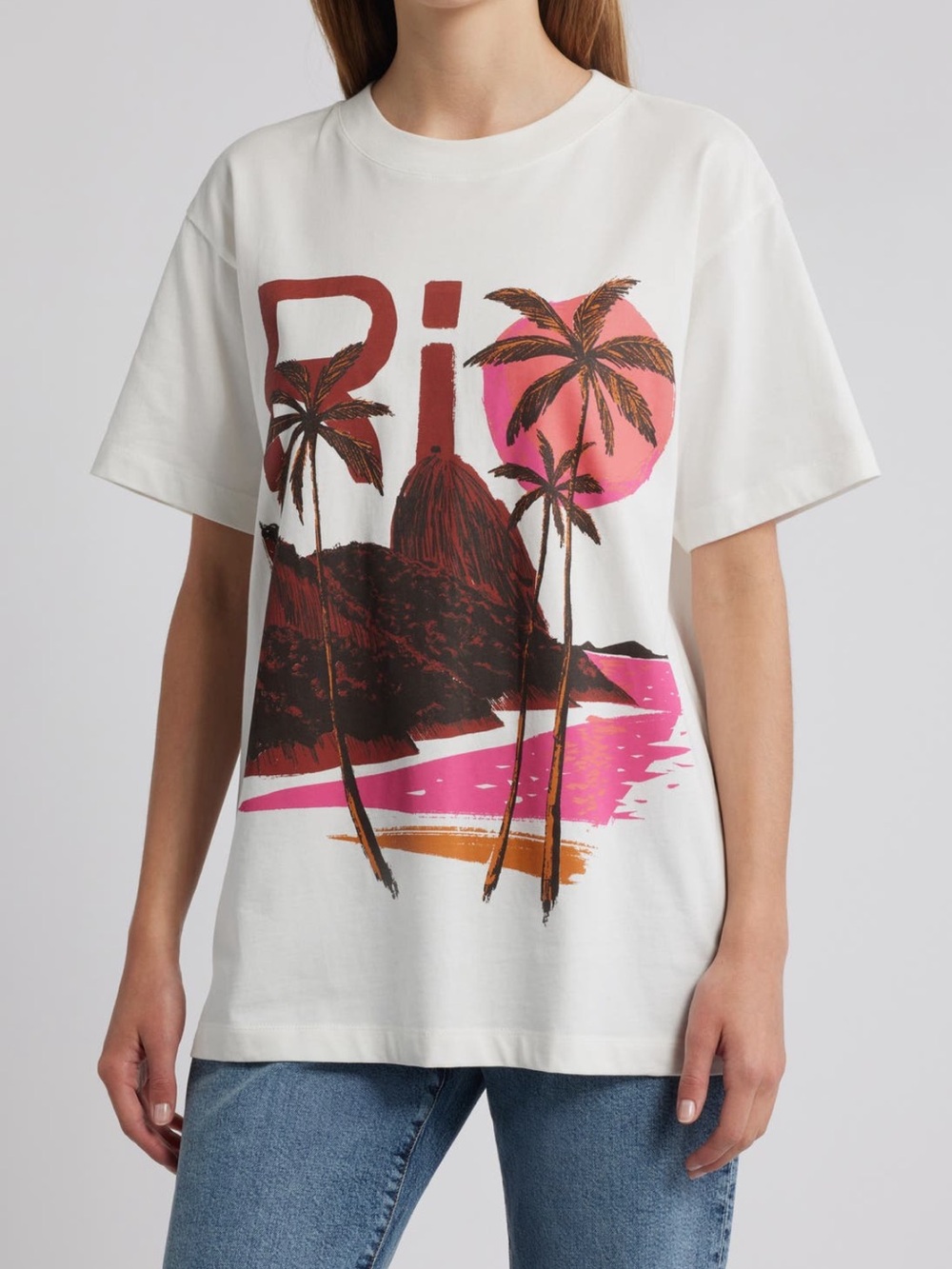 FARM Rio White Tee with Pink and Brown Palm Graphic